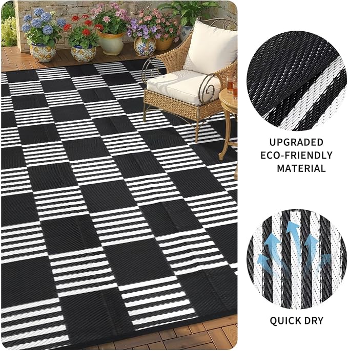 Garvee Waterproof Outdoor Rug 10x14, Checkered Foldable Plastic Straw Patio - Image 5