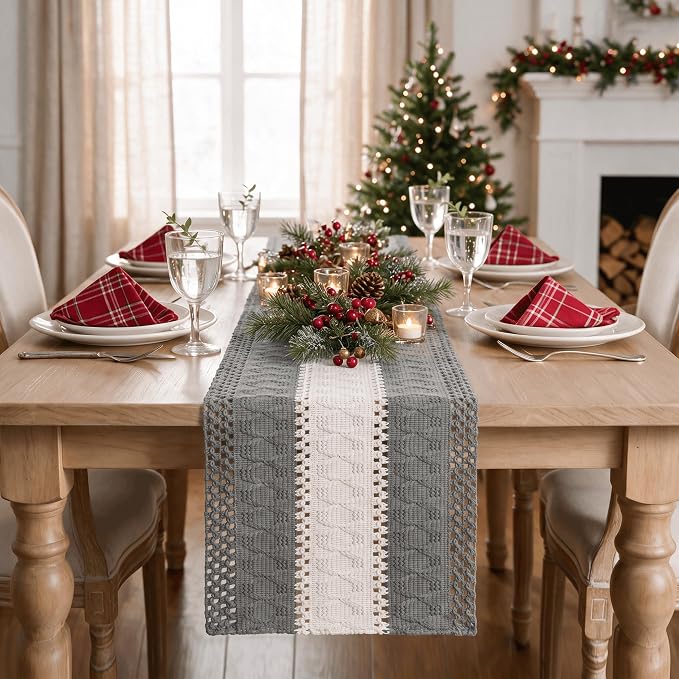 Artoid Mode Grey Farmhouse Woven Table Runner 12x36 Inch | Seasonal Holiday - Image 2