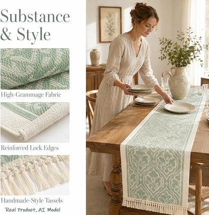 14x83 Botanical Table Runner Waterproof Floral Vine Boho Tassels | Hosting a - Image 3