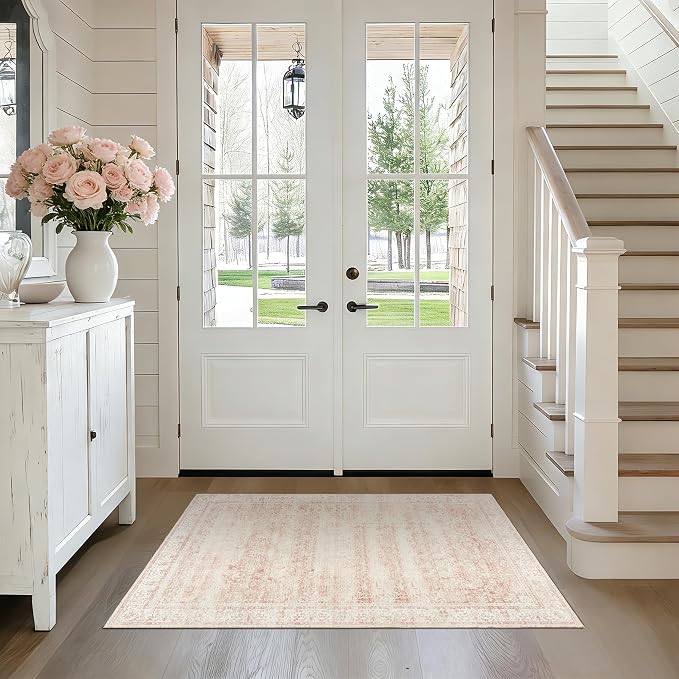 BILEEHOME Vintage Pink Rug 3x5 Washable Non Slip Floral Aesthetic Indoor Rugs - Image 8