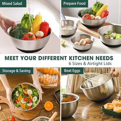 Umite Chef Mixing Bowls with Airtight Lids，6 piece Stainless Steel Metal - Image 2