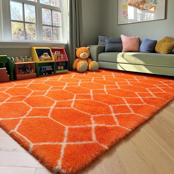 ONASAR Rugs for Living Room Bedroom, 5x8 Fluffy Orange and White Area Rug - Image 9