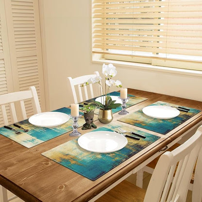 Emvency Farmhouse Placemats Set of 4, 12x18 Inch, Turquoise and Yellow | - Image 5