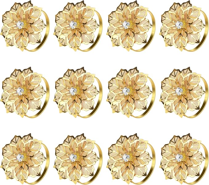 KPOSIYA Flower Napkin Rings Holder Metal Gold Napkin Rings Set of 12 by KPOSIYA