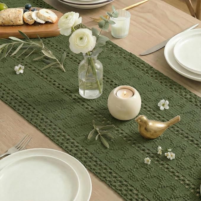 Artoid Mode Army Green Woven Farmhouse Hollow Table Runner 12x72 Inch | Holiday - Image 6