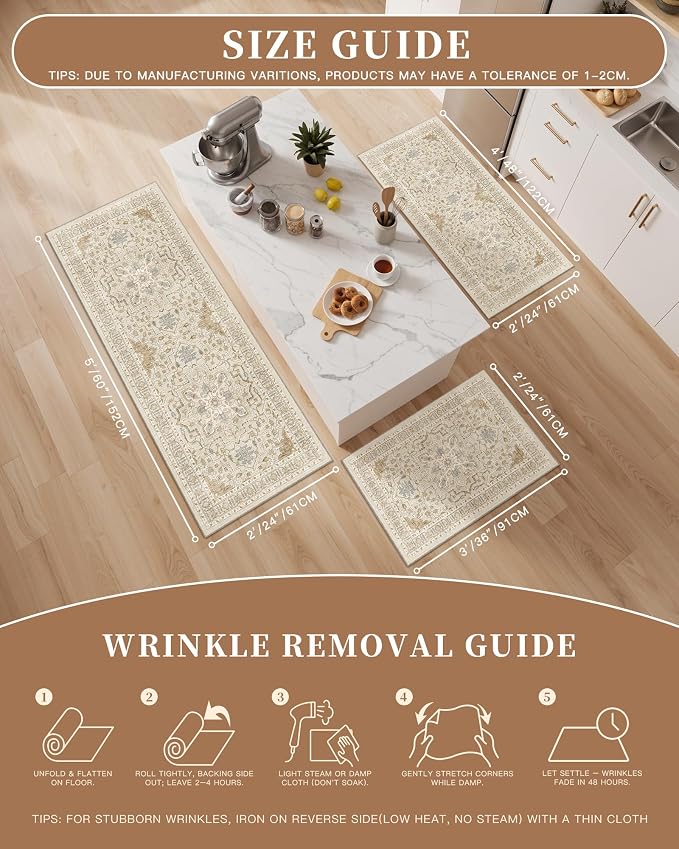Madane Washable Kitchen Rug Set of 3, Small Area Rug Non-Slip Vintage Entryway - Image 5