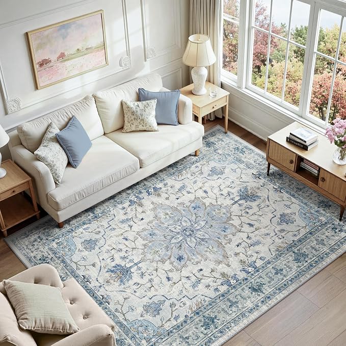 RELEANY Area Rugs 7'x9' Washable Non-Slip, Floral Vintage Distress Medallion by RELEANY