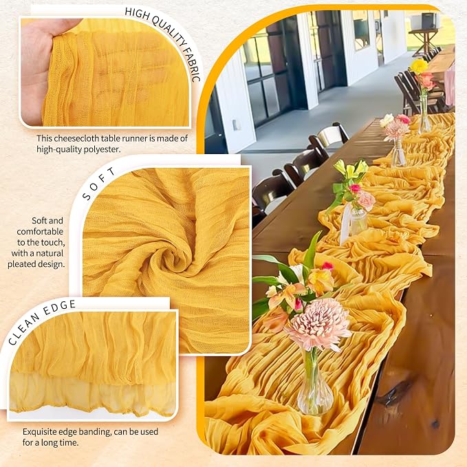 Showgeous 2 Pack Gold Cheesecloth Table Runners Boho Wedding Decor | Rustic - Image 3