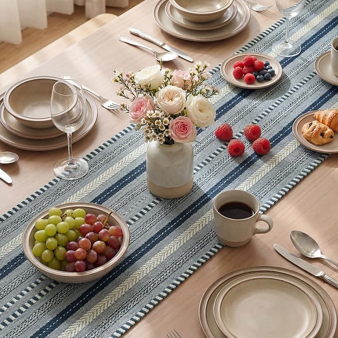 Artoid Mode Dark Blue Farmhouse Stripe Braided Table Runner 12x120 Inch | - Image 4