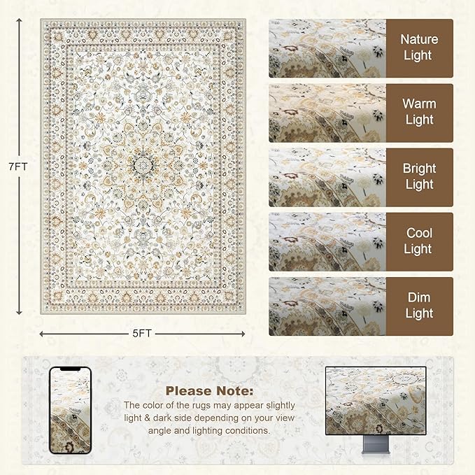 5x7 Area Rugs Living Room Rug: Washable Vintage Boho Rug No Slip Stain - Image 2