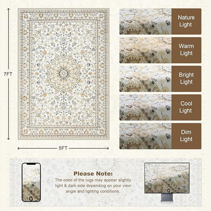 5x7 Area Rugs Living Room Rug: Washable Vintage Boho Rug No Slip Stain - Image 2