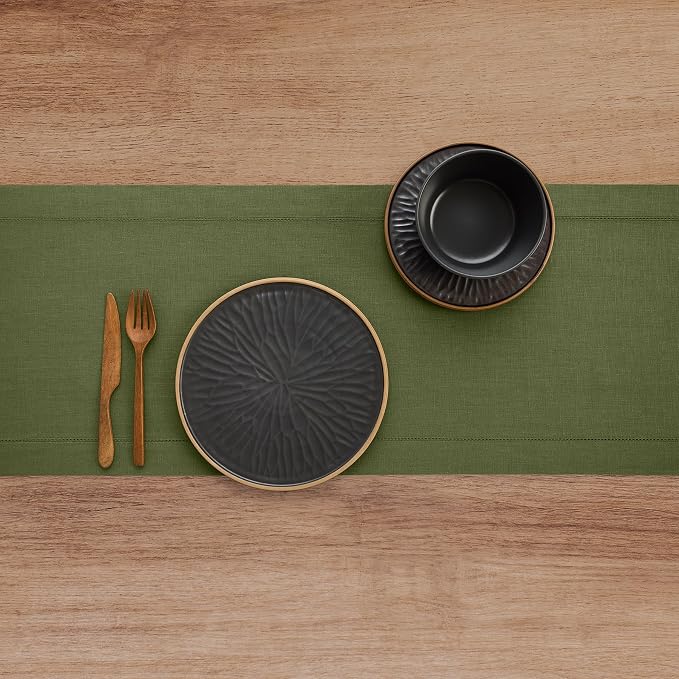 Solino Home 100% Linen Table Runner Olive, Classic Hemstitch 14 x 144 in | - Image 3
