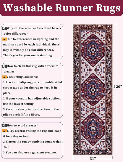 SERISSA Runner Rug for Hallways, Long Boho Rug Vintage Burgundy Navy Hallway - Image 2