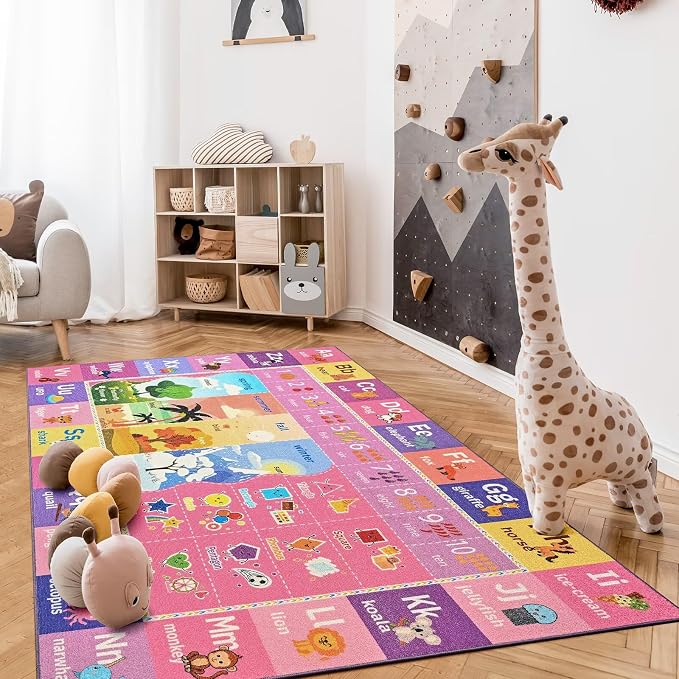 Macgace ABC Kids Rug for Playroom, 5x7 Pink Purple Washable Classroom Area Rugs - Image 4