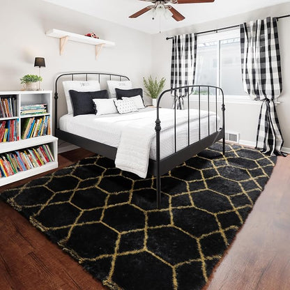 ONASAR 5x7 Area Rugs for Living Room Bedroom, Fluffy Black and Gold Faux Fur Rug - Image 6