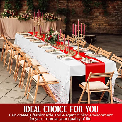 8 Pack White and Red Disposable Plastic Tablecloths and Satin Table Runner Set - Image 6
