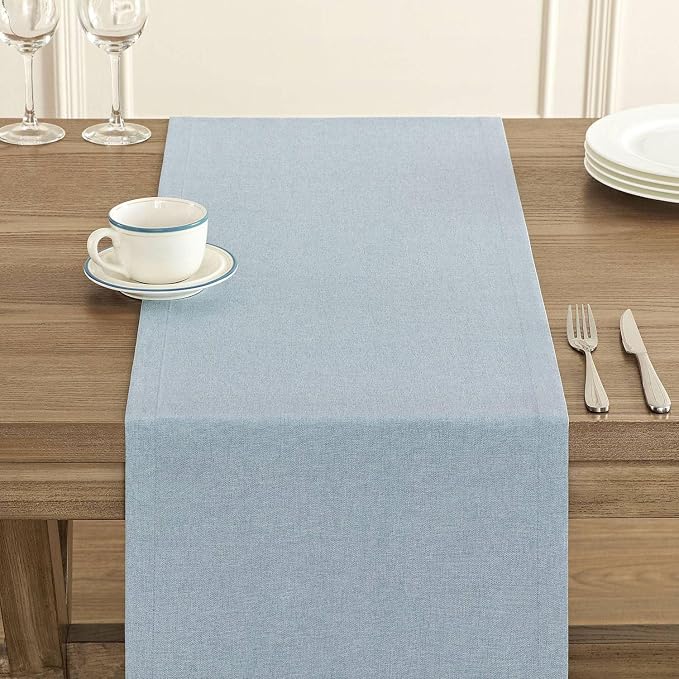Basic Linen Style Table Runner, 14x90 Inch Chambray Blue | Mitered Corner Design - Image 5