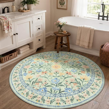 Wonnitar Washable Round Area Rug, 5ft Green Floral Round Rug Boho Soft Circle - Image 8