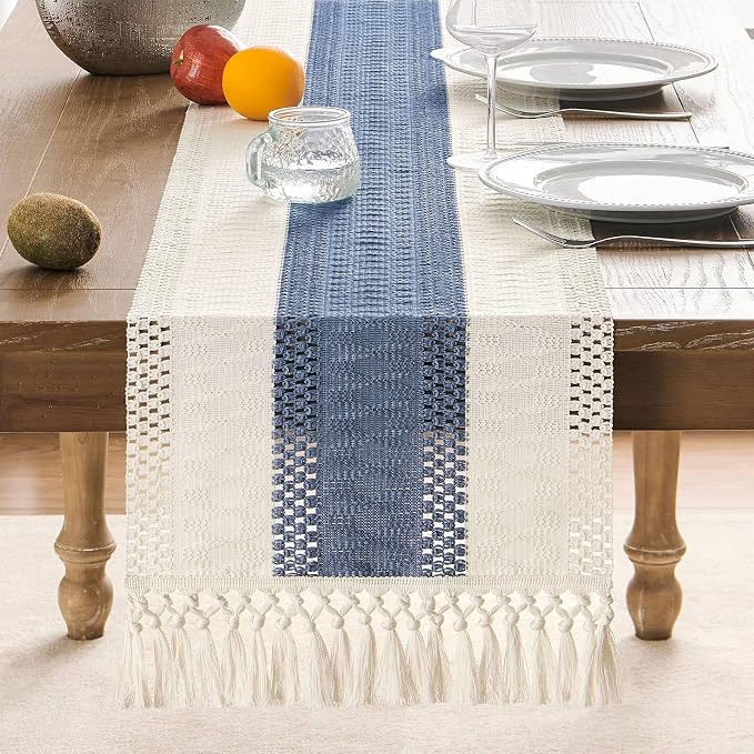 Macrame Style Bicolor Stitching Table Runner 14x36in Blue | Woven Boho Table - Image 2