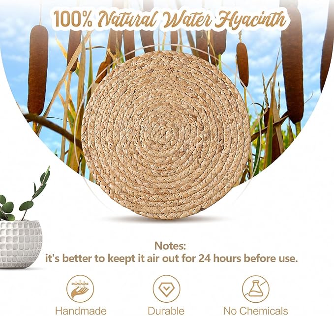 Aofmee 12 inch Round Woven Placemats Set of 6, Boho Rattan Place Mats, Natural - Image 3
