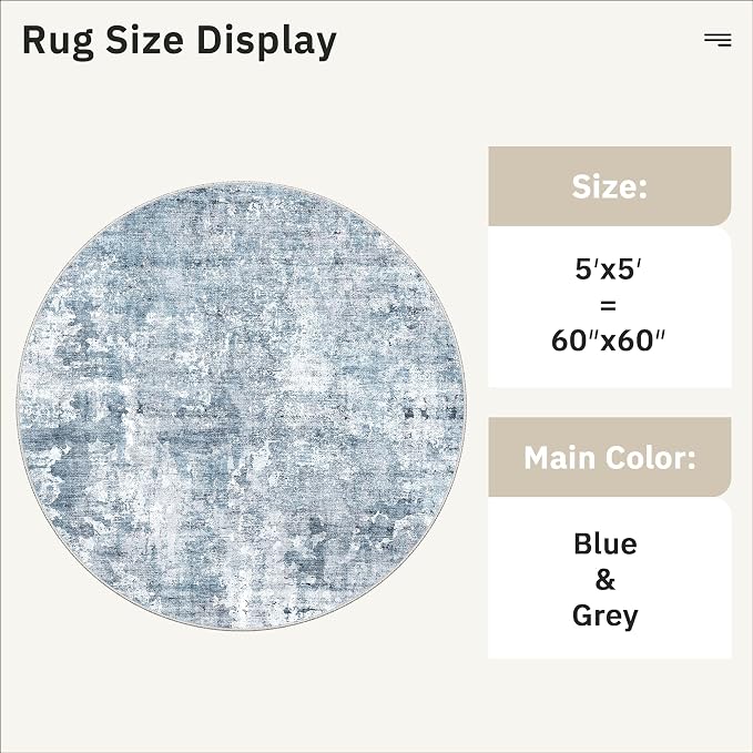 Soalmost 5x5 Blue/Grey Round Rug 5ft Living Room Circle Rug Vintage Round Area - Image 5