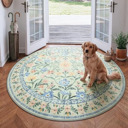 Wonnitar Washable Round Area Rug, 5ft Green Floral Round Rug Boho Soft Circle by Wonnitar