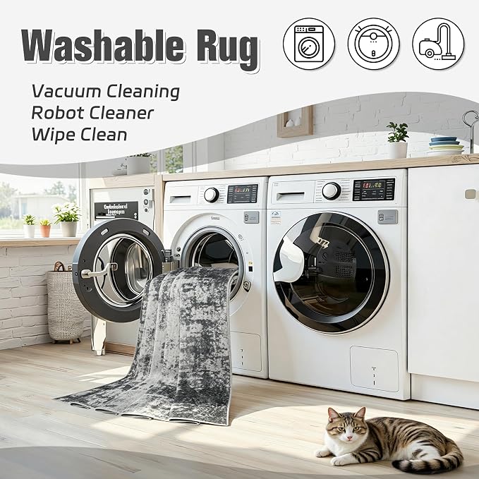 Area Rug 8x10 Living Room Rug Washable: No-Slip Abstract Soft Thin Large Gray - Image 2