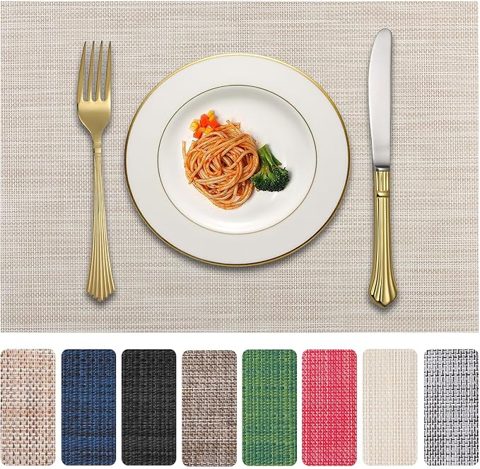 Vinyl Placemats Set of 6, PVC Woven Washable Non-Slip Table Mats, Heat by LANDVIEW