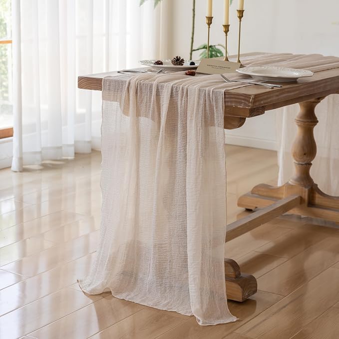 3Pcs Light Beige Cheesecloth Table Runner 120 Inches - Image 2