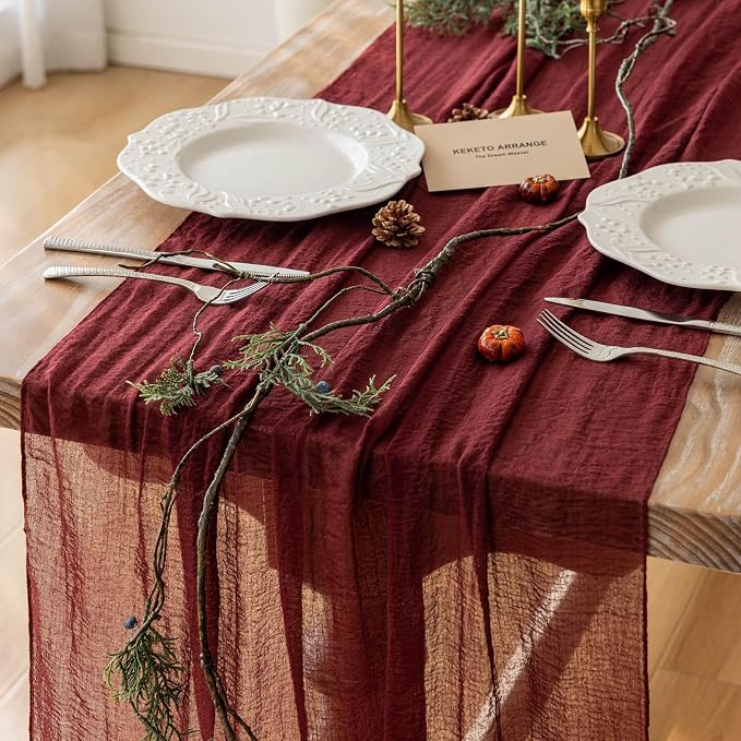 Burgundy Cheesecloth Table Runner 120 Inches by KEKETOARRANGE