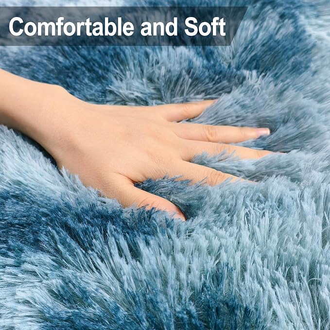 2x8 ft Plush High Pile Blue Tie-Dyed Rug Fluffy Soft Runner Bedside Rug - Image 5