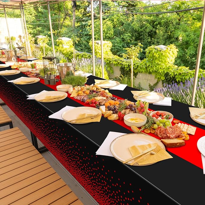 MASHAN 6Pcs Black and Red Tablecloth Party Decorations, Plastic Black Table - Image 7
