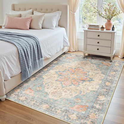 RELEANY Area Rugs 4'x5' Washable Non-Slip, Floral Vintage Distress Medallion by RELEANY