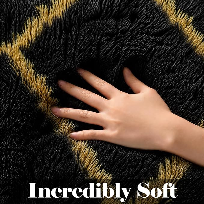 ONASAR 5x7 Area Rugs for Living Room Bedroom, Fluffy Black and Gold Faux Fur Rug - Image 2