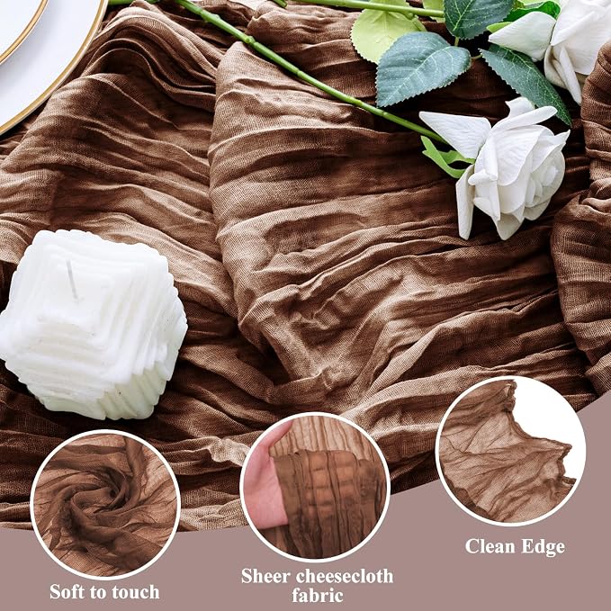 Cheesecloth Table Runner 10FT 2Pcs Brown Boho Gauze Rustic Sheer Runners | - Image 3