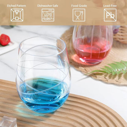 Joeyan Hand Blown Etched Stemless Wine Glasses - Image 6
