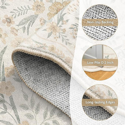 Scalloped Floral Rug 7x9, Neutral Beige Washable Non Slip Area Rug - Image 5