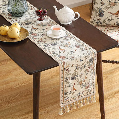 Designer French Linen Table Runner, Floral Bird Pattern, Dining Table, - Image 2