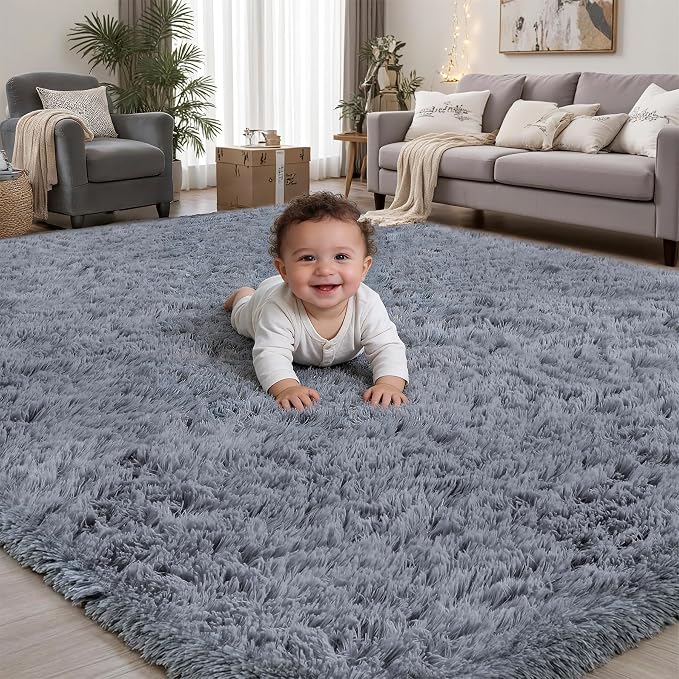 Area Rug for Living Room Bedroom: 8x10 Grey Soft Fluffy Shag Upgrade Non-Slip by PLHXFRSoftAreaRugs