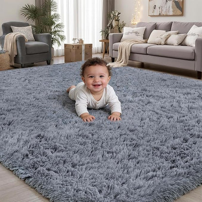 Area Rug for Living Room Bedroom: 8x10 Grey Soft Fluffy Shag Upgrade Non-Slip by PLHXFRSoftAreaRugs