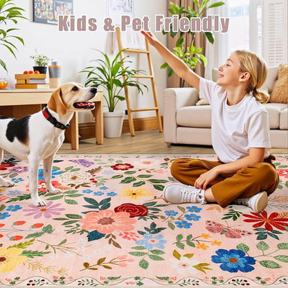 Area Rugs 9x12 Living Room: Floral Washable Rug Vintage Large Soft Boho - Image 7