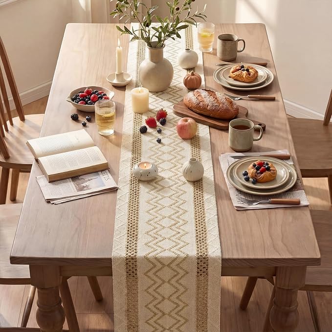 Artoid Mode Burlap Brown Stripe Diamond Woven Table Runner 12x36 Inch | Holiday - Image 4