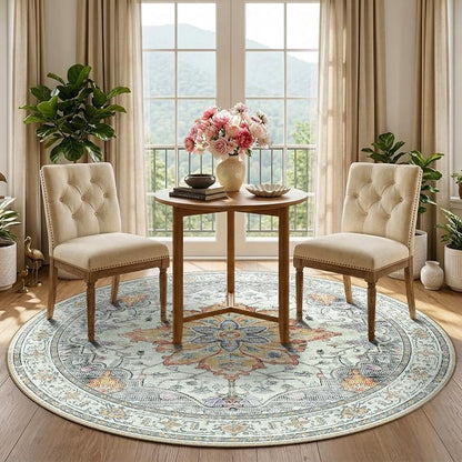 RELEANY Area Rugs Round 5ft Washable Non-Slip, Floral Vintage Distress - Image 2