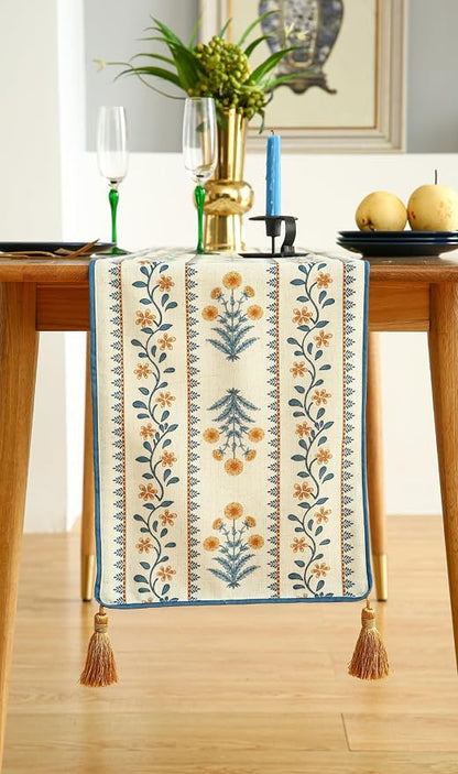 Designer French Linen Table Runner, Pale Yellow Floral Pattern, Dining Table - Image 7