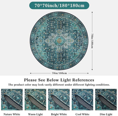Moynesa Ultra-Thin Washable Round Rug - 6ft Teal Large Living Room Circle Area - Image 2