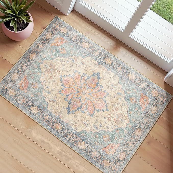 RELEANY Area Rugs Small 2'x3' Washable Non-Slip, Floral Vintage Distress by RELEANY