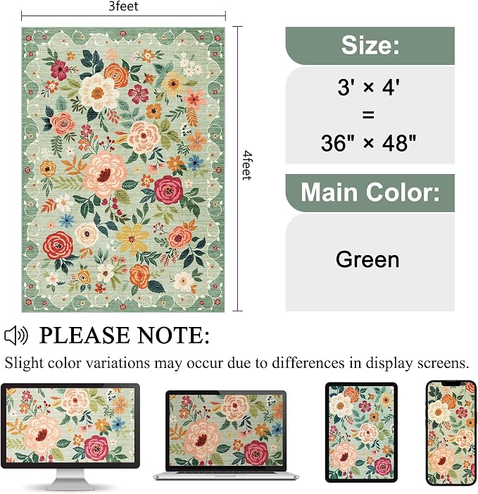 DUKINO 3x4 Area Rug, Lightweight Non Slip Washable Floral Rug, Indoor Low Pile - Image 2