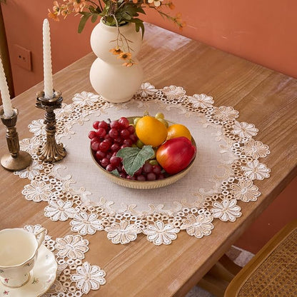 European Antique Jacquard Lace Table Doilies, Small Farmhouse Linen Embroidered - Image 2