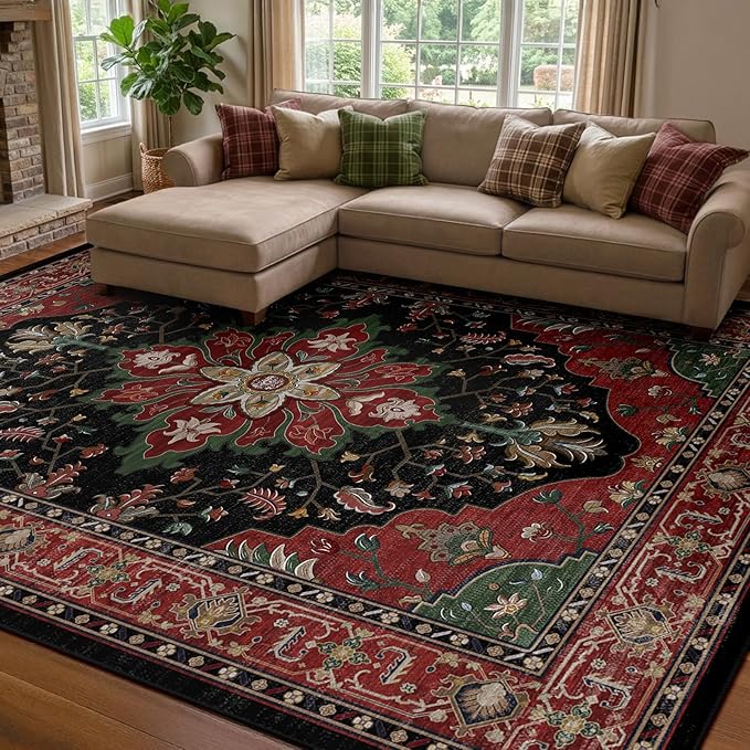 RELEANY Area Rugs 7'x9' Washable Non-Slip, Floral Vintage Distress Medallion by RELEANY