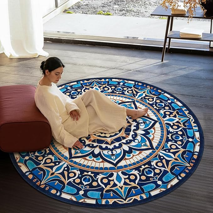 jinchan Mandala Round Rug 6ft Blue Boho Washable Rug Moroccan 6' Round Modern - Image 8